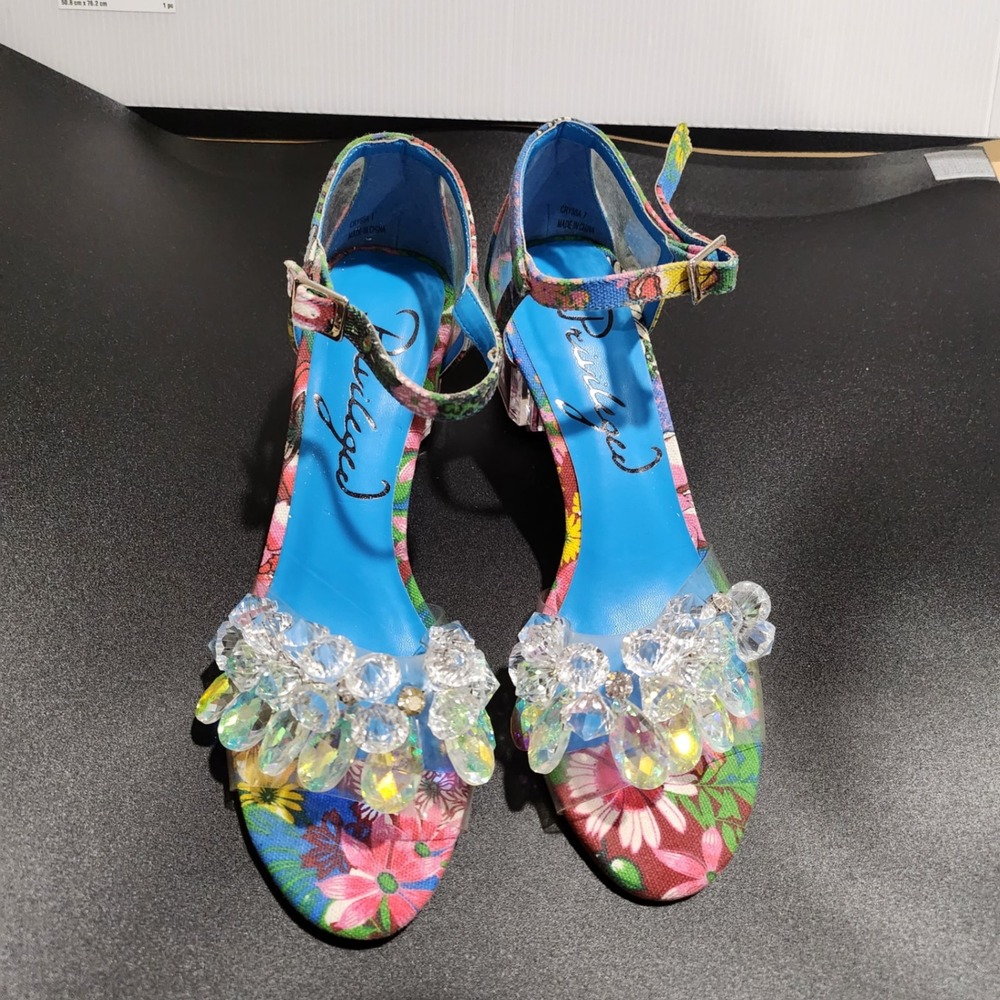 Privileged Cryssa Floral Crystal Clear Block Heel Sandals Blue Multi Womens 7